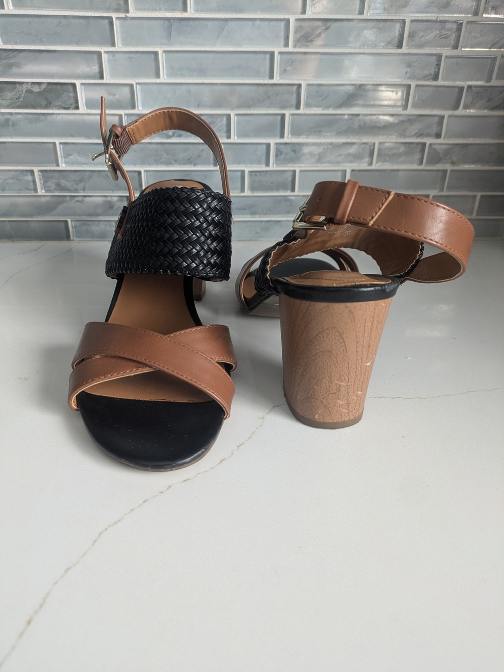 Bandolino Two-Tone Brown and Black Block Heel Sandals